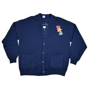 Vintage Angel Bear Navy Blue button up cardigan sweatshirt fits up to sz xlarge